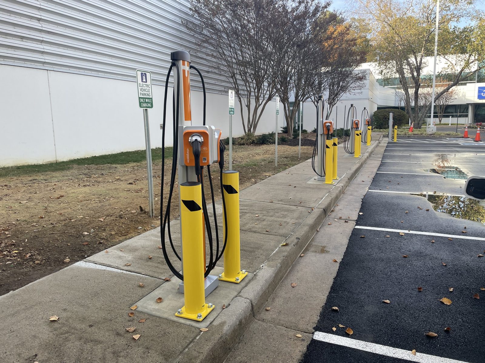Row of commercial ChargePoint EV chargers installed by GreenKey at a Central Virginia facility